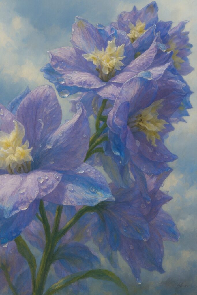 雨粒が付いた淡い紫色のデルフィニウムの花を写実的に描いたデジタルイラスト