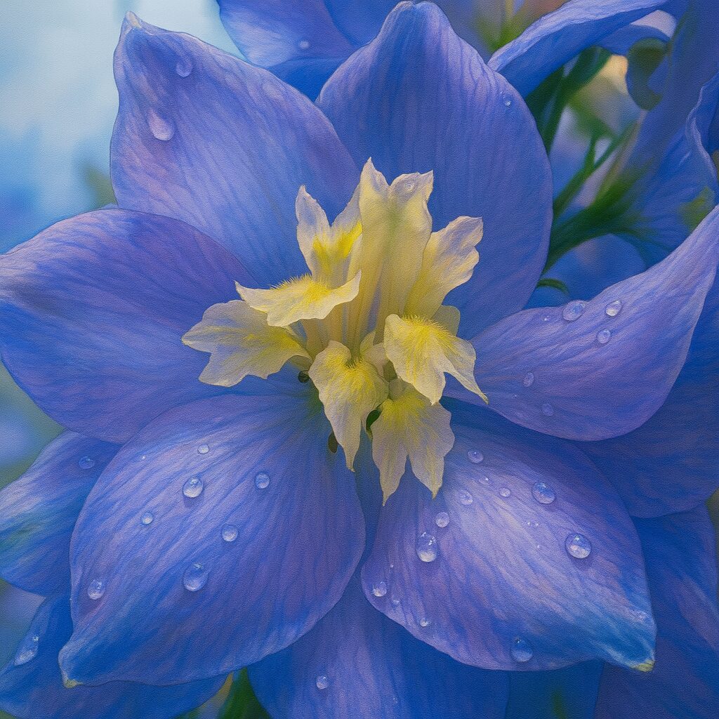 中心部が白く淡紫色の花びらを持つデルフィニウムをリアルに描いたイラスト