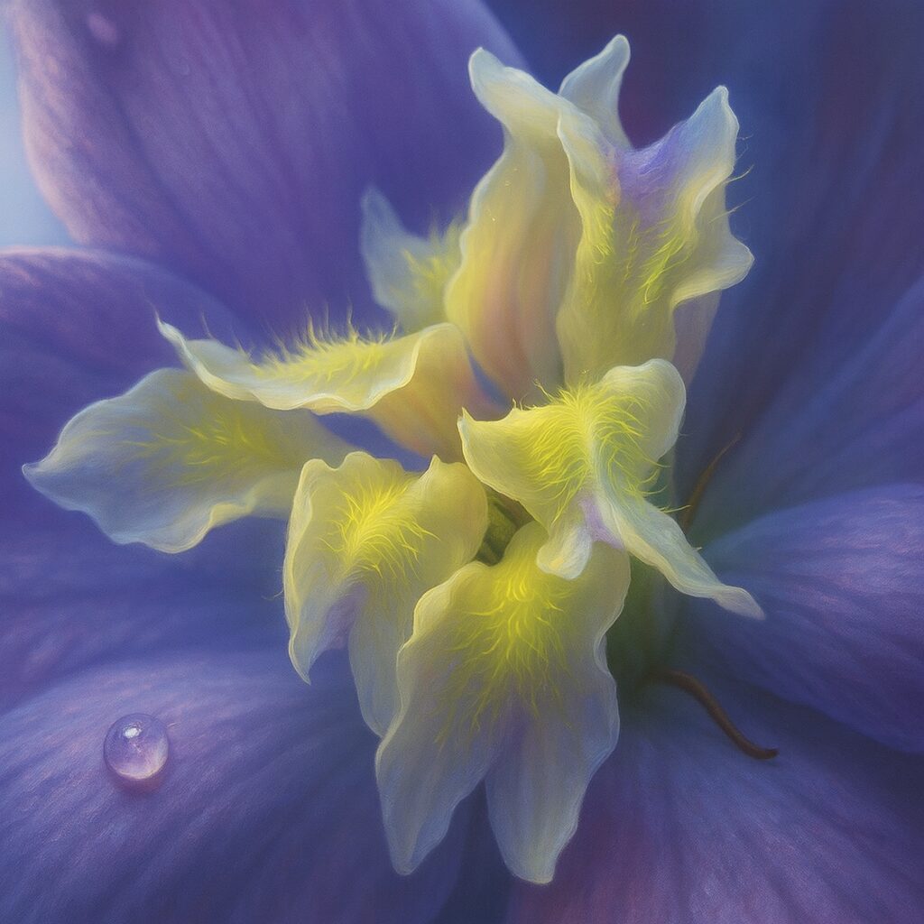 白と淡紫色が混ざったデルフィニウムの花芯を細部まで描写したイラスト