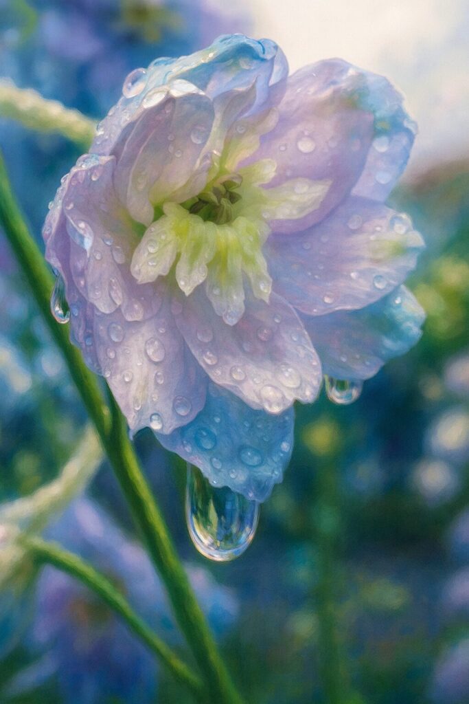 雨に濡れた薄紫色のデルフィニウムの花びらと花芯をリアルタッチで描いたイラスト