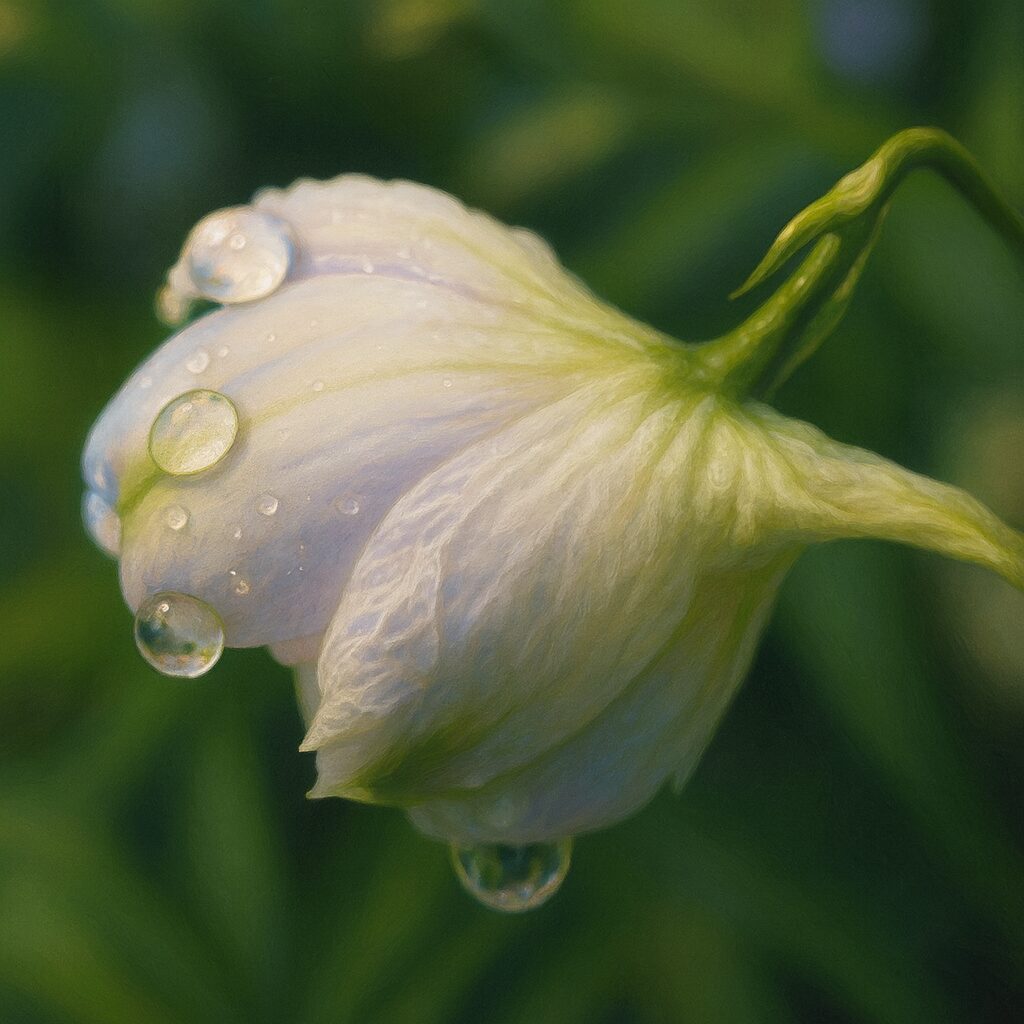 雨粒が付いた白っぽいデルフィニウムの横向きのつぼみを描いたイラスト