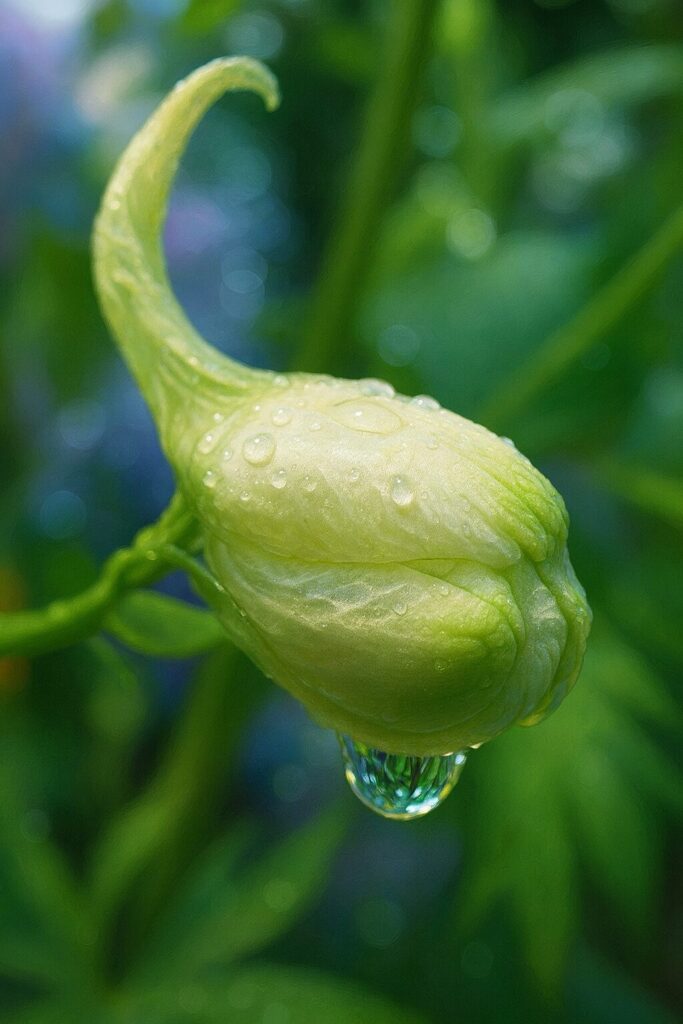 雨に濡れた緑がかった白色のデルフィニウムのつぼみを横から描いたイラスト