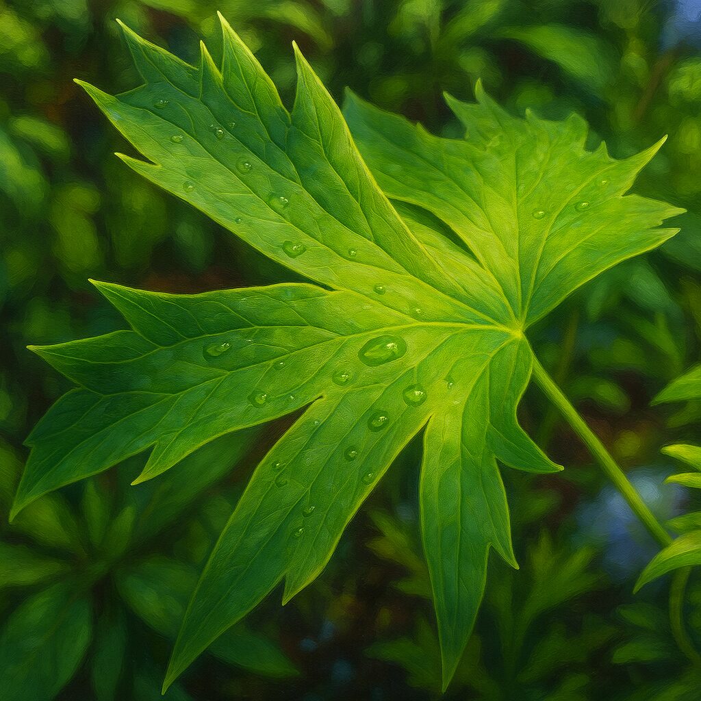 雨粒が残るギザギザの葉を持つデルフィニウムの葉を写実的に描いたイラスト