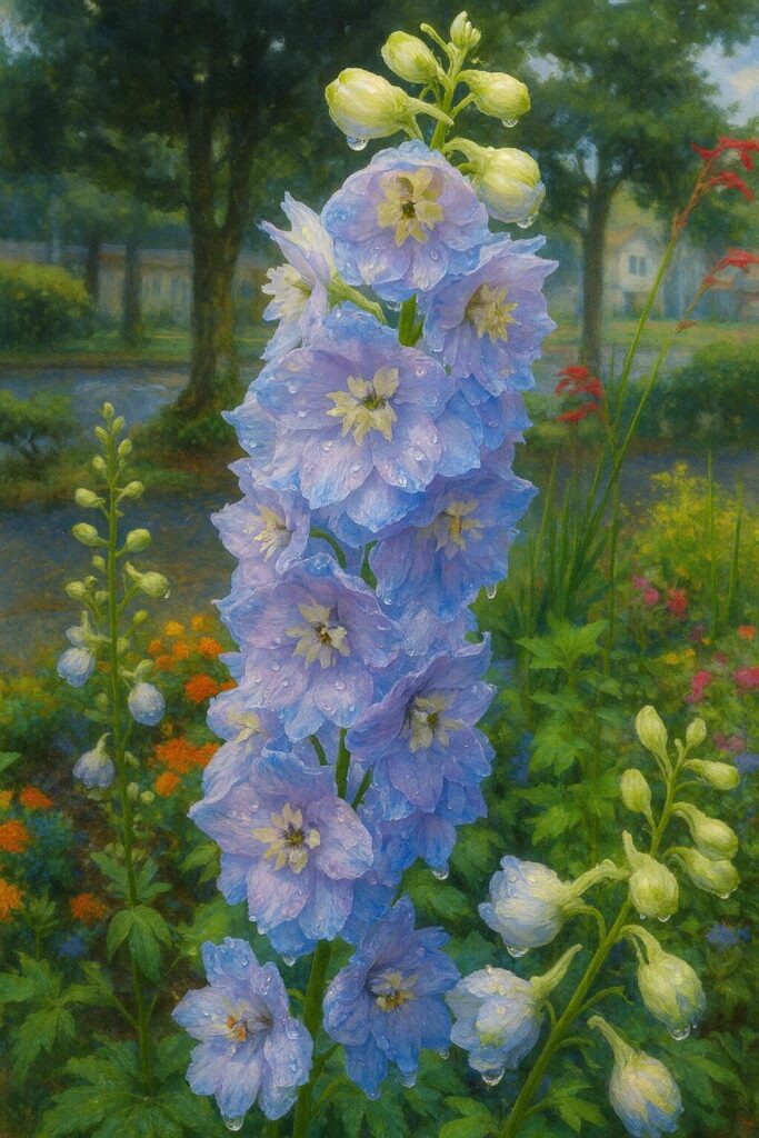 庭に咲く薄紫色のデルフィニウムの花穂を縦構図で描いたイラスト