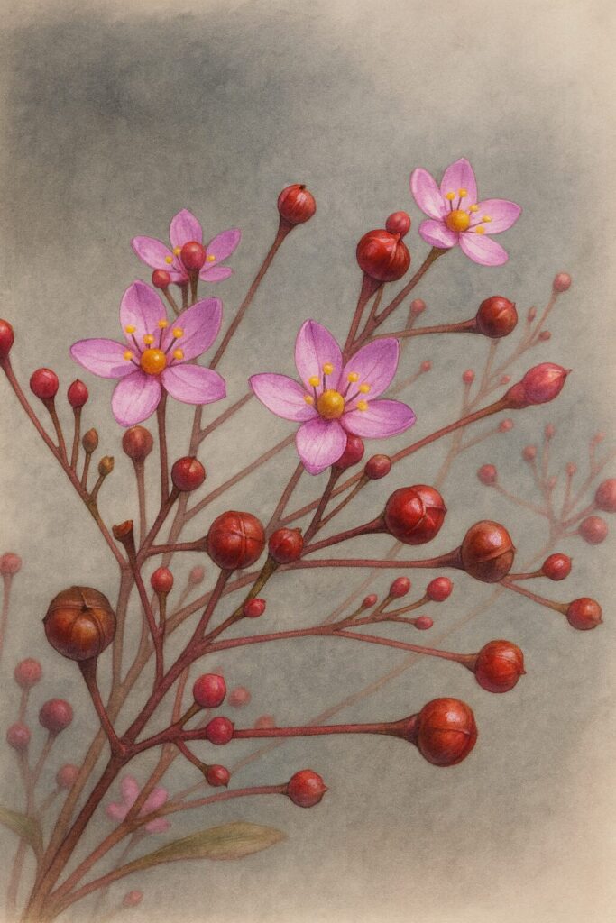 赤い実とピンクの花を同時に描いたハゼランのイラスト