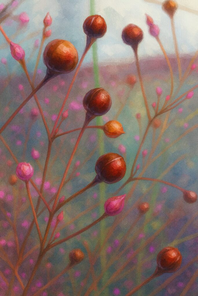 赤く熟したハゼランの実と蕾を描いたリアルなイラスト