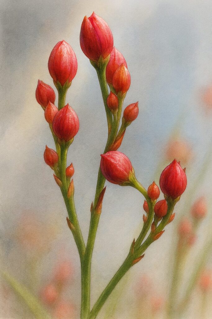 細長い茎に並ぶハゼランの蕾のイラスト