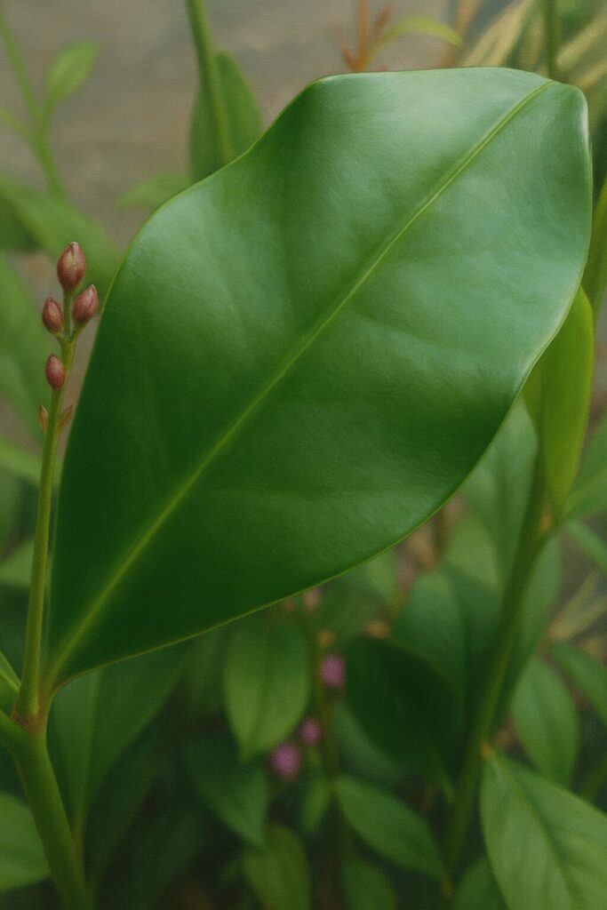 大きな緑の葉と蕾を持つハゼランのイラスト