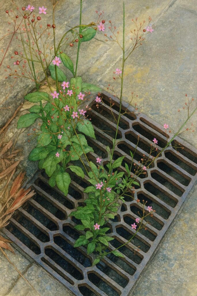 側溝の隙間から咲くハゼランの群生を描いたイラスト