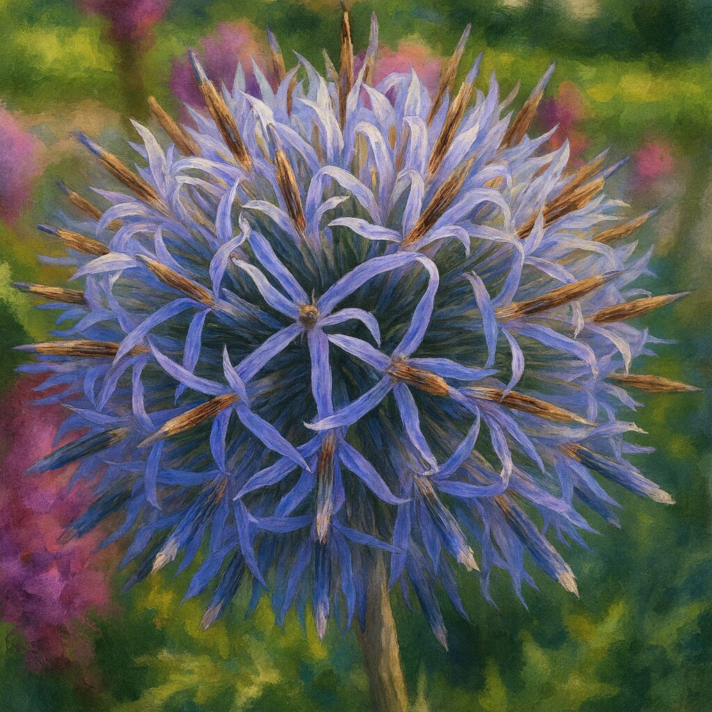 ルリタマアザミの紫色の球形花を精密に描いたイラスト