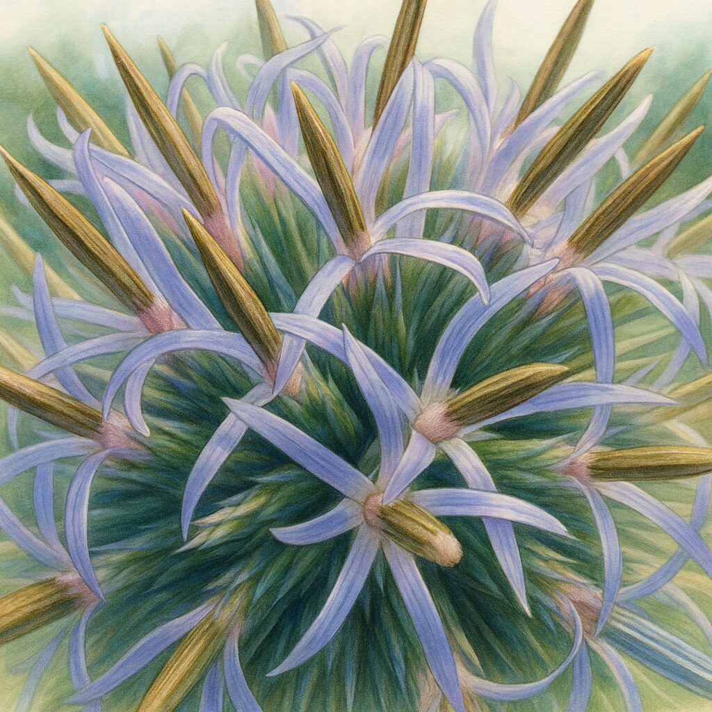 淡い青紫色の花弁を持つルリタマアザミのクローズアップイラスト