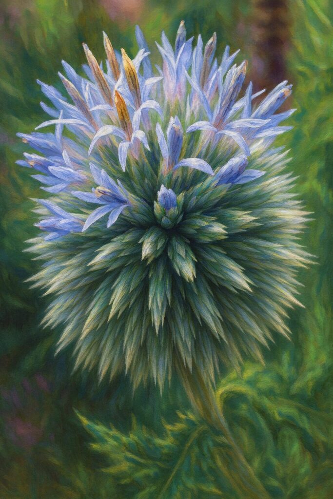 咲き始めのルリタマアザミのつぼみを描いたリアルな植物画
