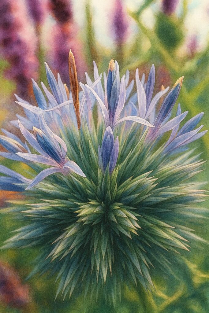 開花途中のルリタマアザミを斜め上から描いたイラスト
