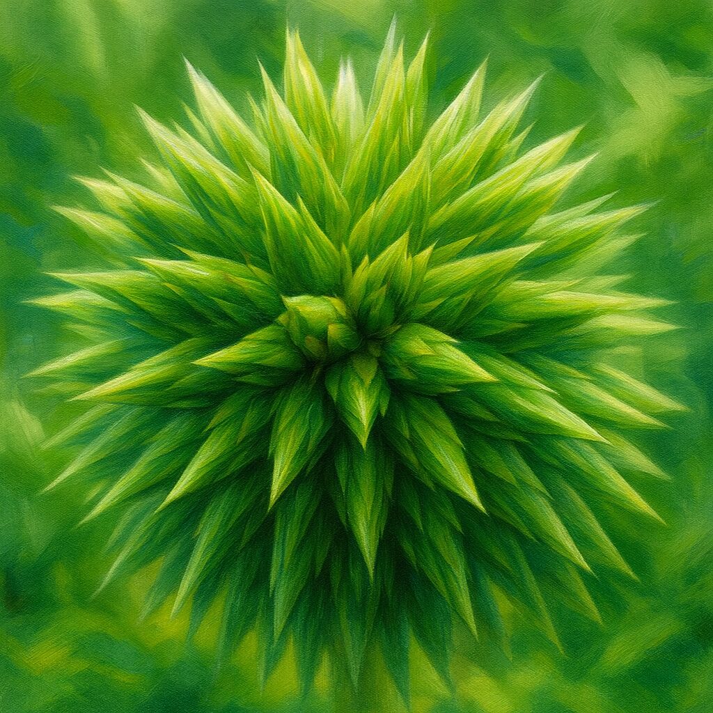 緑色のルリタマアザミのつぼみを細密描写したイラスト