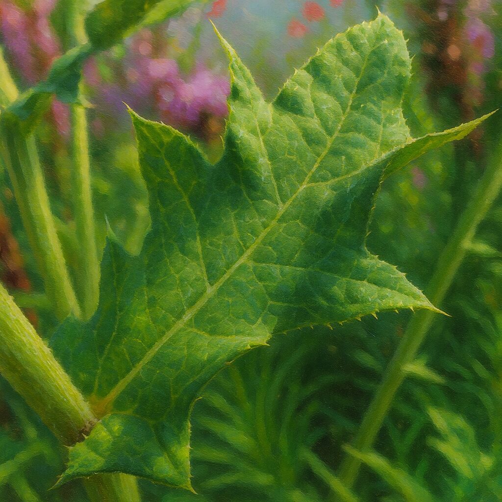 トゲのあるルリタマアザミの葉を精密に描いた植物イラスト