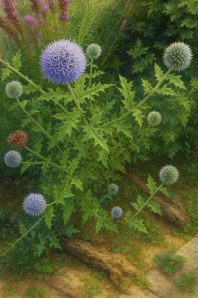 複数の花をつけたルリタマアザミの全体像を描いたイラスト