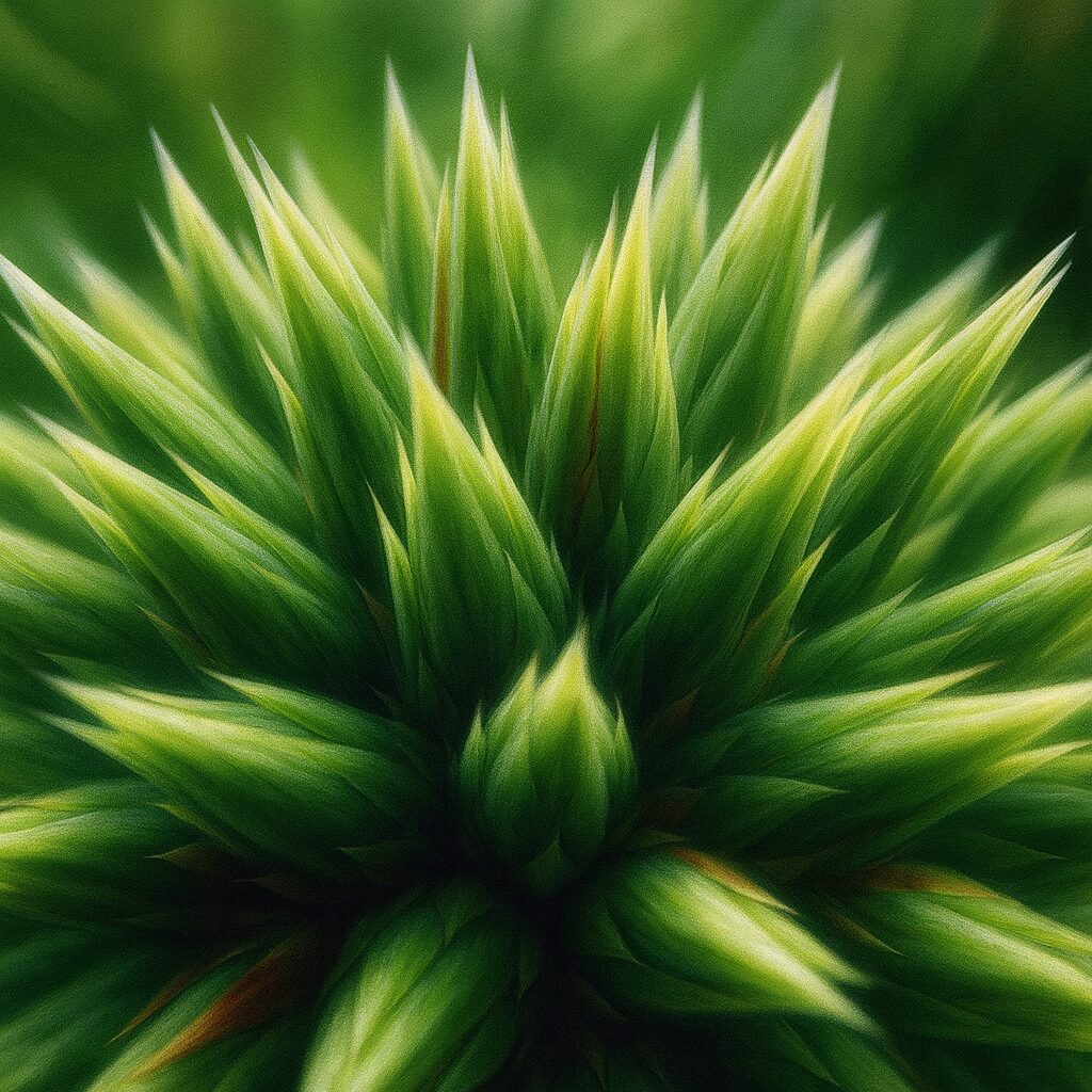 尖った苞葉が特徴的な若いつぼみのルリタマアザミを描いた絵