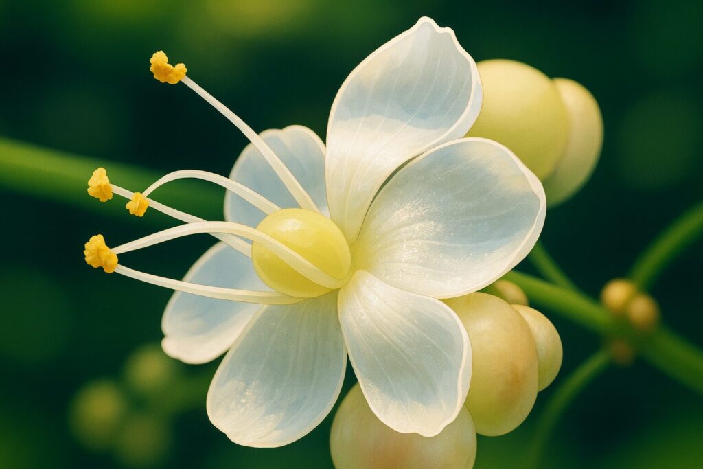 夏の林床で咲く白い花を描いたヤブミョウガのリアルイラスト