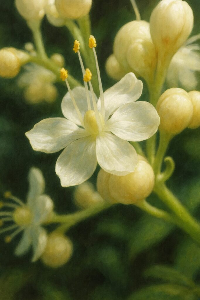 日差しを浴びて輝くヤブミョウガの白い小花とつぼみを精密に描いたイラスト