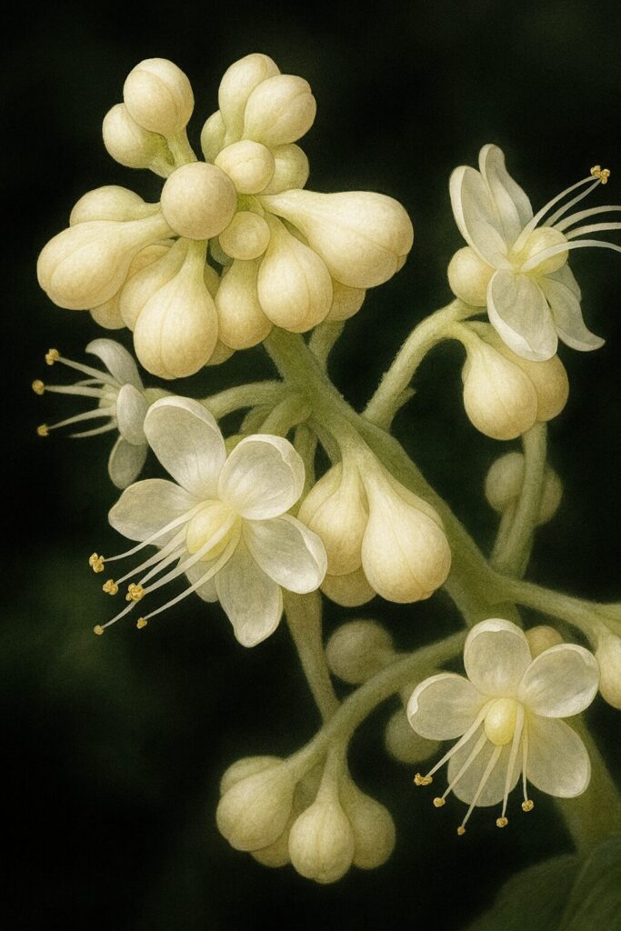 白く丸みを帯びたヤブミョウガのつぼみの群れを描いた植物画風イラスト