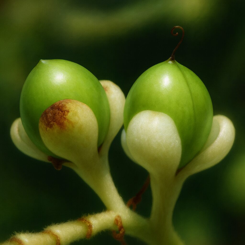 房状に連なる緑色のヤブミョウガの未熟な実を描いた植物画風イラスト