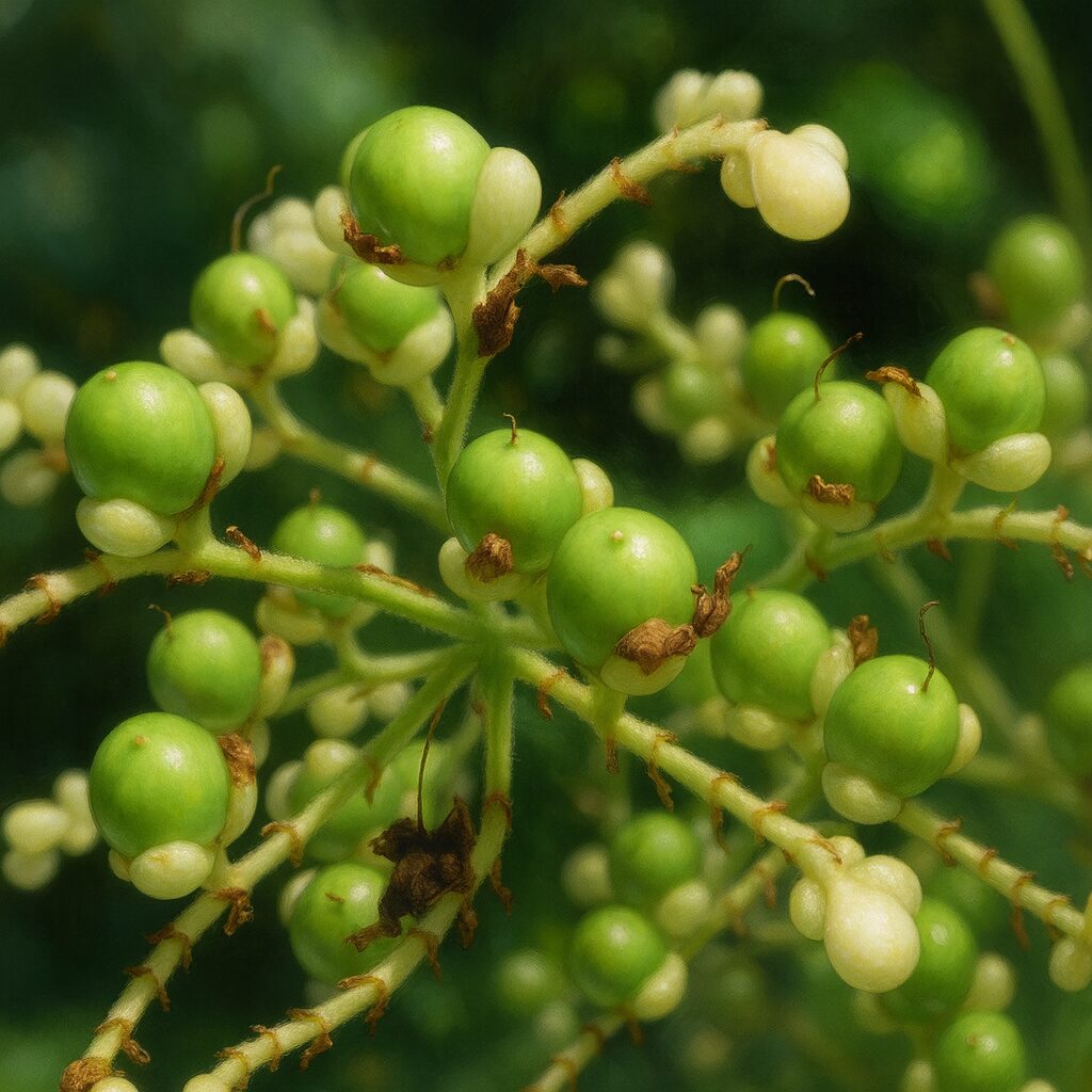 青空と太陽を背景に白い花を咲かせるヤブミョウガを描いた美しいイラスト
