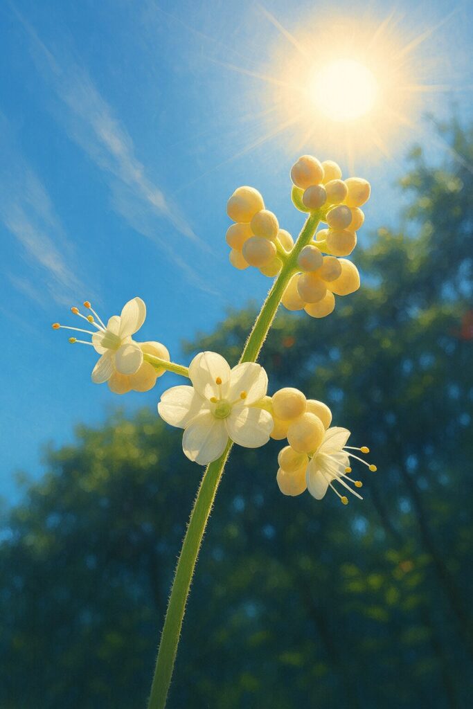 林床に群生するヤブミョウガと白い花穂を真上から描いたリアルイラスト