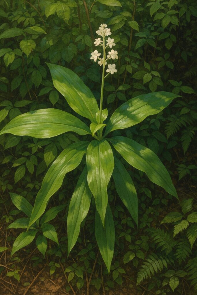 森の中で咲くヤブミョウガと周囲の緑葉を緻密に描いた全体構図イラスト