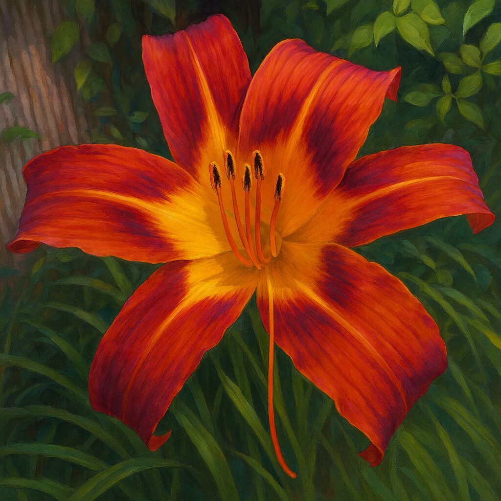 鮮やかな赤橙色のノカンゾウの花を正面から描いたリアルなイラスト