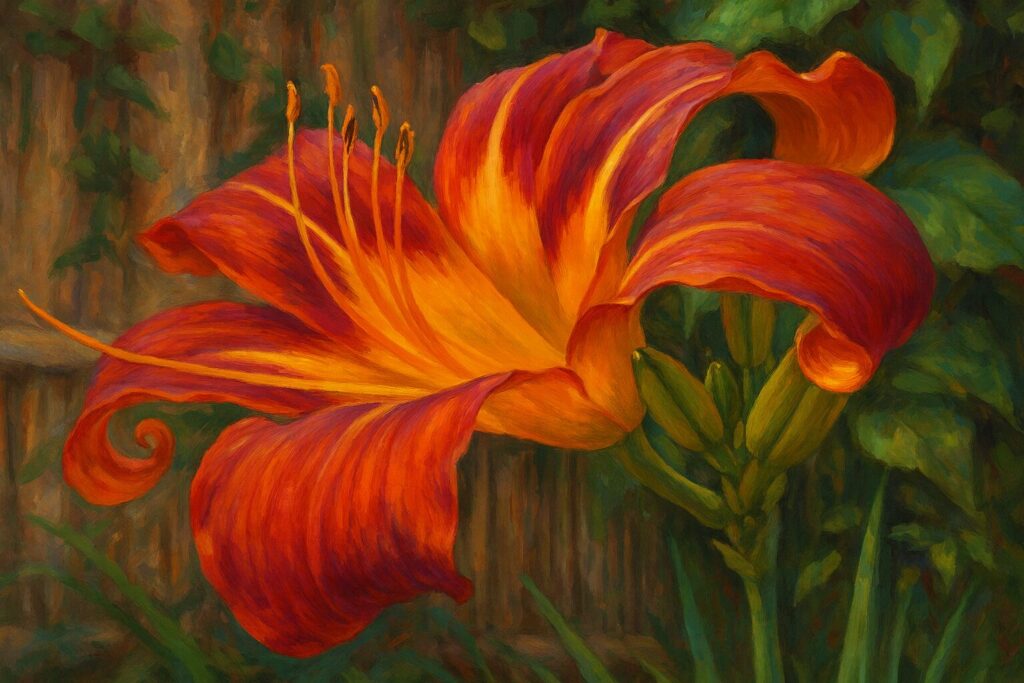 横向きに咲く赤橙色のノカンゾウと緑のつぼみを描いた植物画