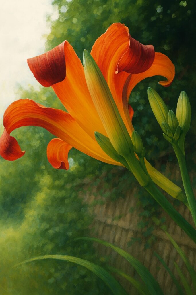 逆光を受けて輝く赤橙色のノカンゾウを下から見上げた構図のイラスト