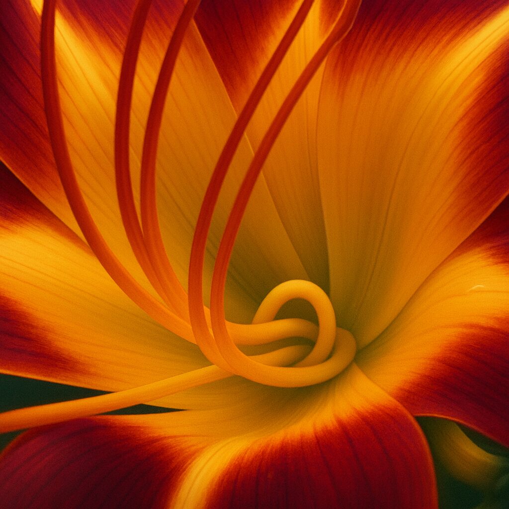 花芯と雄しべを細密に描いた黄色と赤橙色のノカンゾウのマクロイラスト