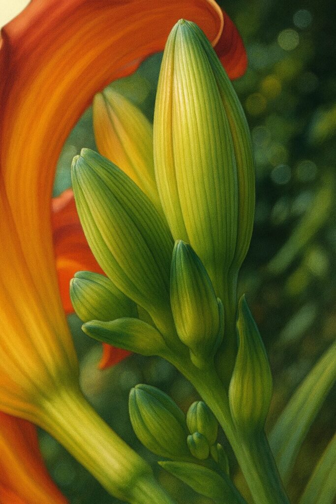 緑色のノカンゾウのつぼみをリアルに描いた植物イラスト