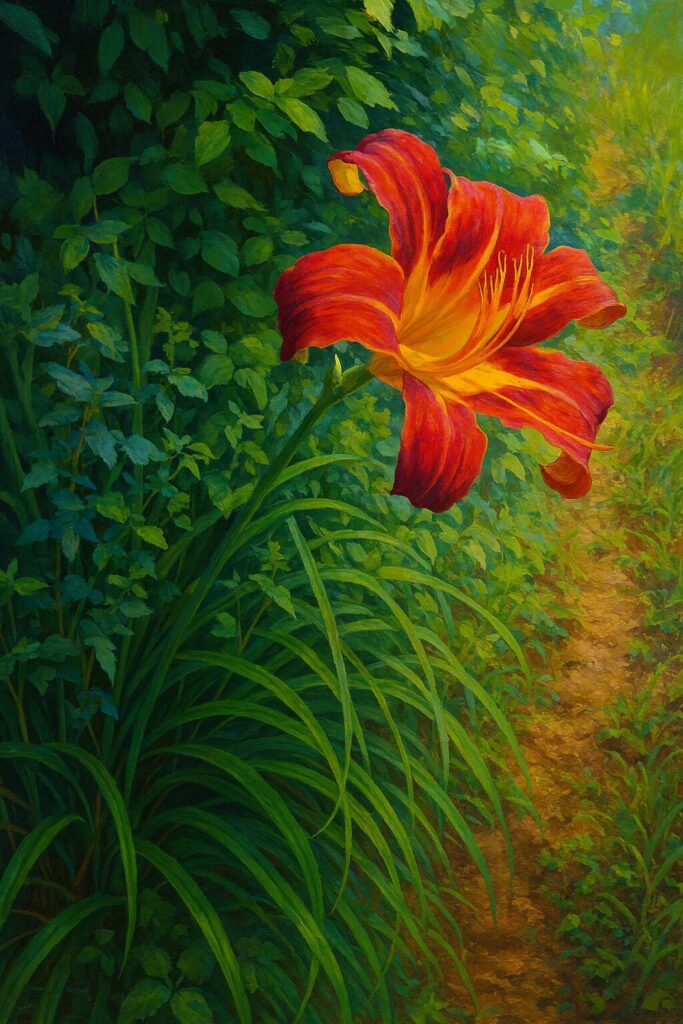 野草の中に咲く一輪の赤橙色のノカンゾウを描いた自然風景イラスト