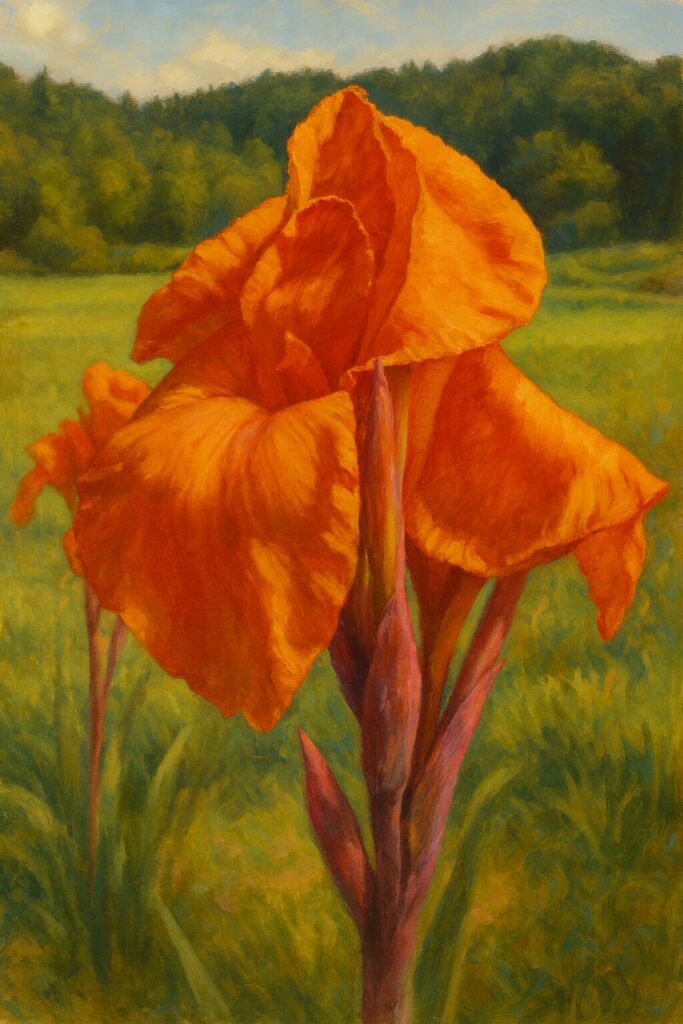 夏の田園を背景に描かれた鮮やかなオレンジ色のカンナの花のリアルなイラスト