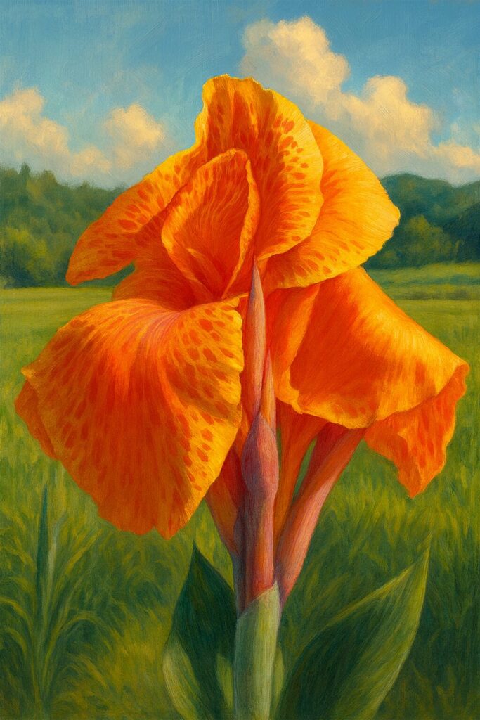 黄色地に赤い斑点模様が映えるカンナの花を青空の下で描いたボタニカルイラスト