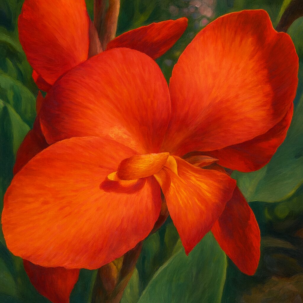 赤橙色の大輪が緑の葉に映えるカンナの花を精密に描いたイラスト