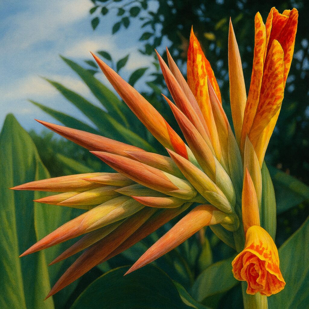 開きかけのつぼみと黄色と赤の花びらが印象的なカンナを描いたリアルイラスト