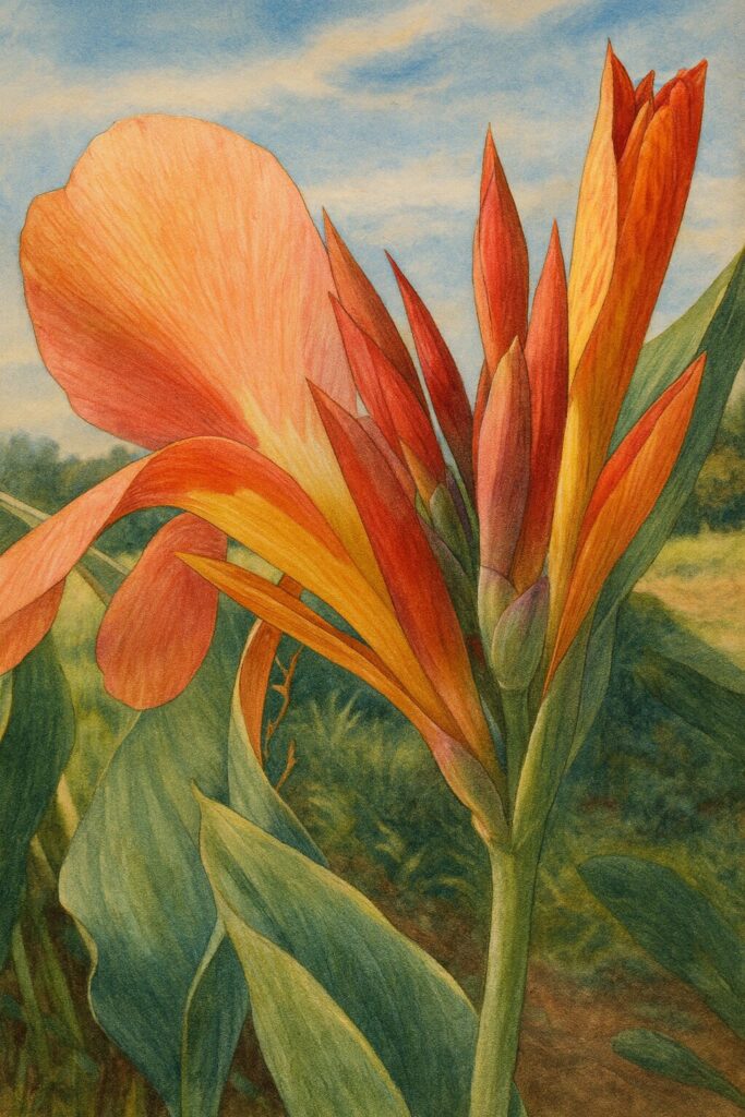 ピンクと赤橙色が美しく混ざるカンナの花とつぼみを田園風景と共に描いたイラスト