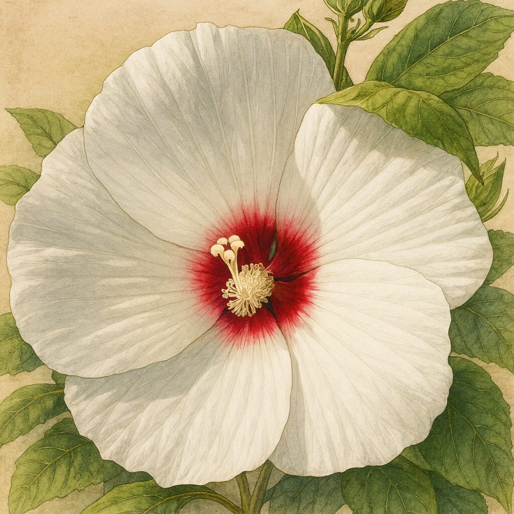 白い花びらと赤い中心を持つアメリカフヨウの大輪花を描いたリアルな植物画イラスト