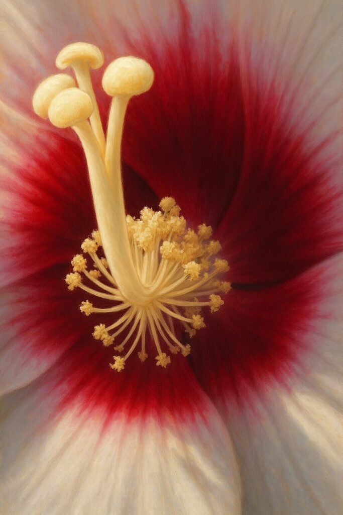 アメリカフヨウの花芯と雄しべを精密に描いたマクロ風ボタニカルイラスト