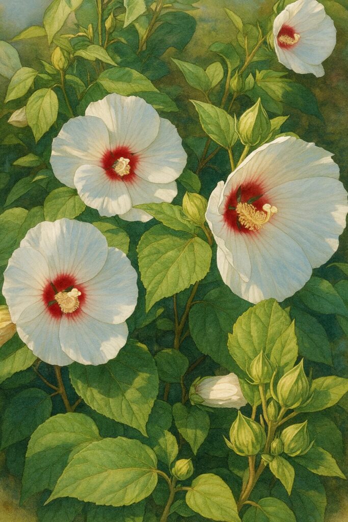 緑の葉に囲まれて咲く複数のアメリカフヨウを描いた水彩風イラスト