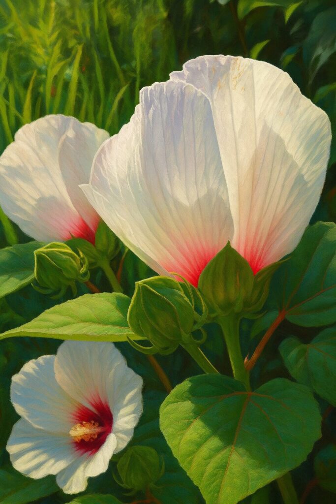 つぼみから開花直前のアメリカフヨウを横向きで描いた植物画イラスト