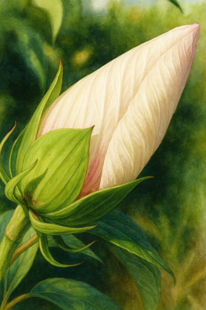 開花前の緑色のアメリカフヨウのつぼみを精密に描いたボタニカルアート