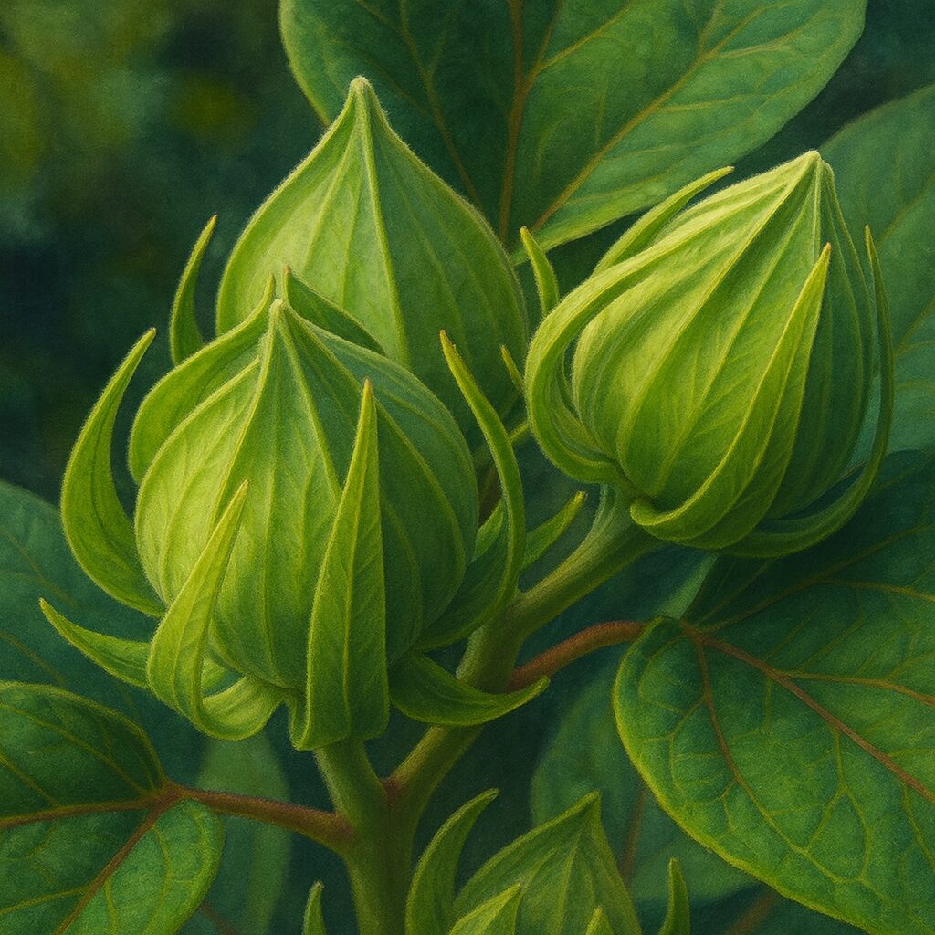 大きく広がったアメリカフヨウの緑色の葉をリアルに描いた植物画イラスト