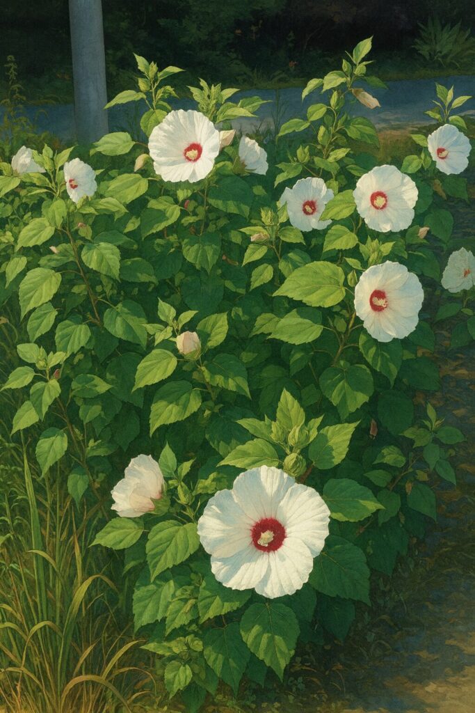 夏の日差しを浴びて咲くアメリカフヨウの群生を描いたリアルなボタニカルイラスト