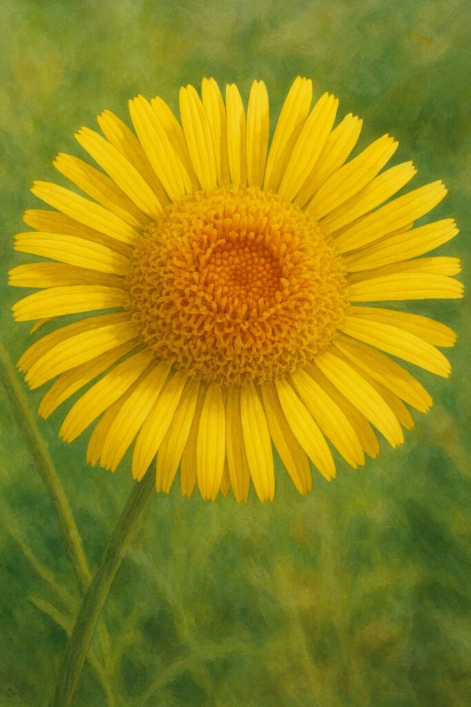 夏の草原に咲くオグルマの黄色い花の精密イラスト