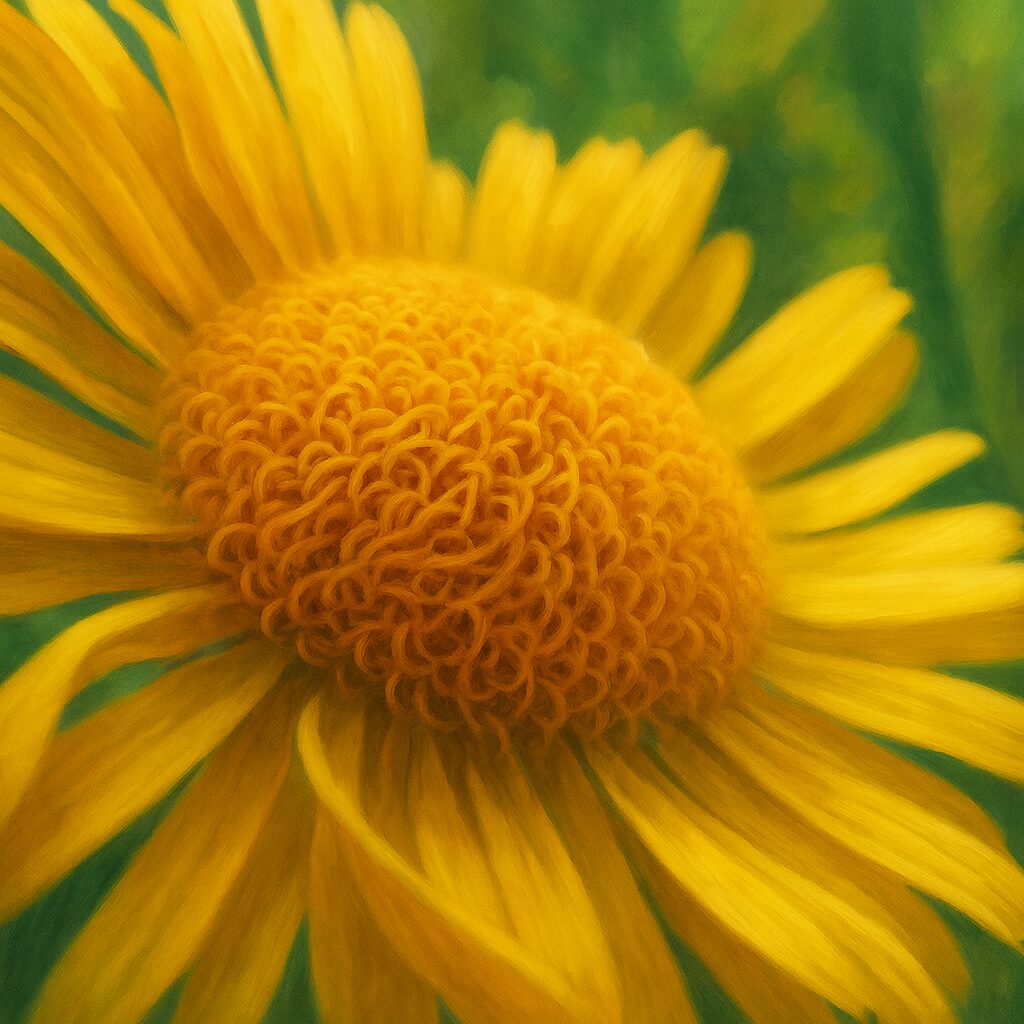 黄色い花びらと筒状花が美しいオグルマの精密イラスト