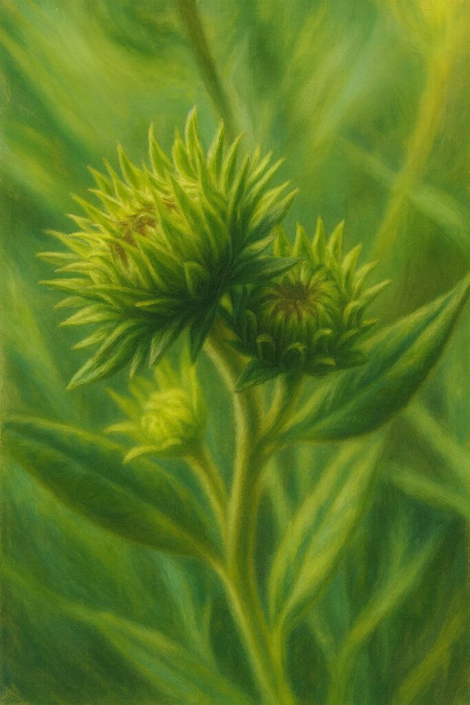 つぼみが開きかけたオグルマの緑色の花芽の精密イラスト