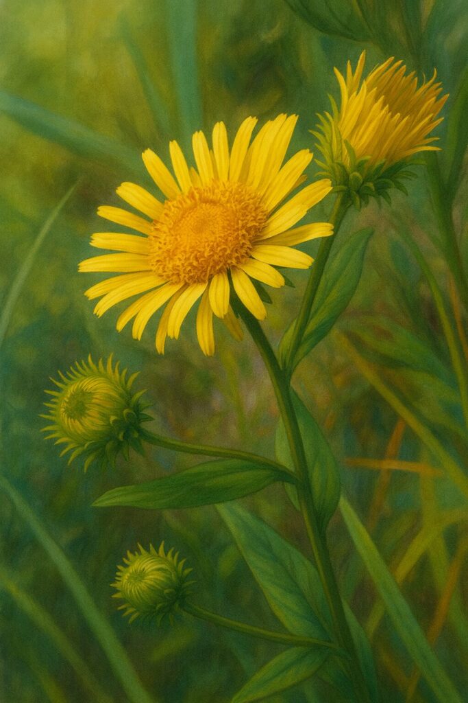 咲き始めのオグルマと周囲のつぼみを表現した植物イラスト